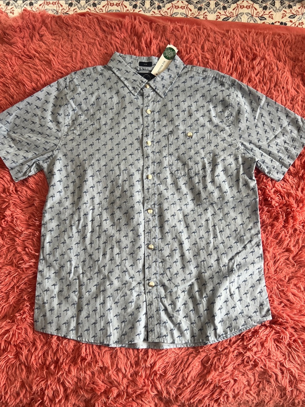 Short-Sleeve Light Blue Button-Down Shirt with Navy Palm Print